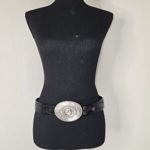 Texas Black Leather Belt with Ornate Silver Buckle